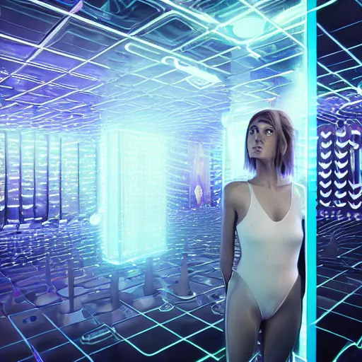 Image similar to chromatic cyborg female discovering her own consciousness in a mirror maze (Unreal Engine, 3D, Reflections, Glossy, Hyer-Realistic, Futuristic, Noise, Gradient)