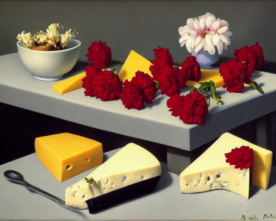 Prompt: an achingly beautiful still life featuring blooming flowers, cheese, and red wine by Raphael, Hopper, and Rene Magritte. detailed, romantic, studio lighting, enchanting, trending on artstation.