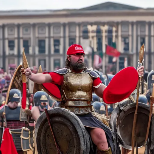 Image similar to roman legions invading the capitole, wearing maga hats ( 2 0 2 1 )