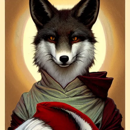 Prompt: anthropomorphic red white and black fox with exquisite tall ears and wearing a nose ring and a hoodie. Renowned character illustration by greg rutkowski, thomas kindkade, alphonse mucha, loish, norman rockwell.