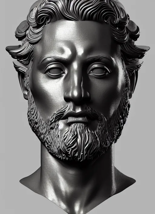Image similar to stylized gold and black ornate statue bust made of marble of hercules, perfect symmetrical body, perfect symmetrical face, hyper realistic, hyper detailed, by johannen voss, by michelangelo, octane render, blender, 8 k