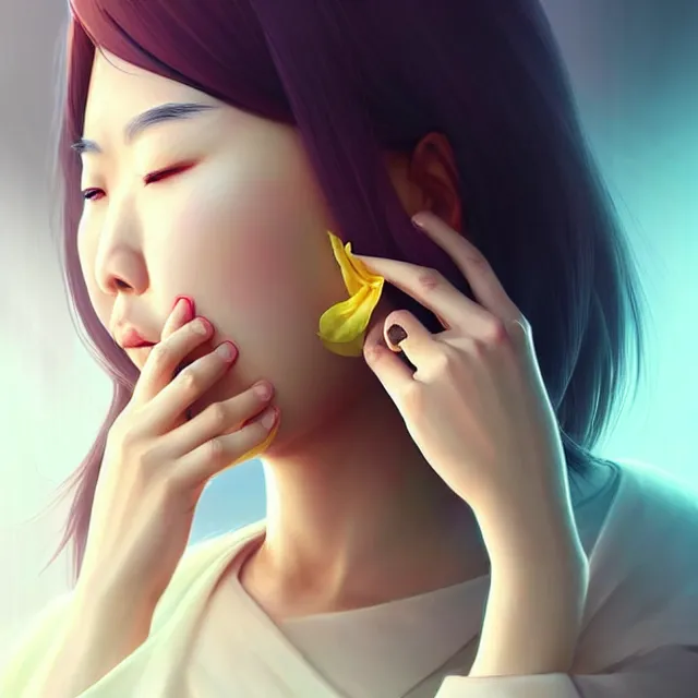 Image similar to epic professional digital portrait art of Asian female lawyer with a cold blowing her nose, best on artstation, cgsociety, wlop, Behance, pixiv, astonishing, impressive, outstanding, epic, cinematic, stunning, gorgeous, much detail, much wow,, masterpiece.