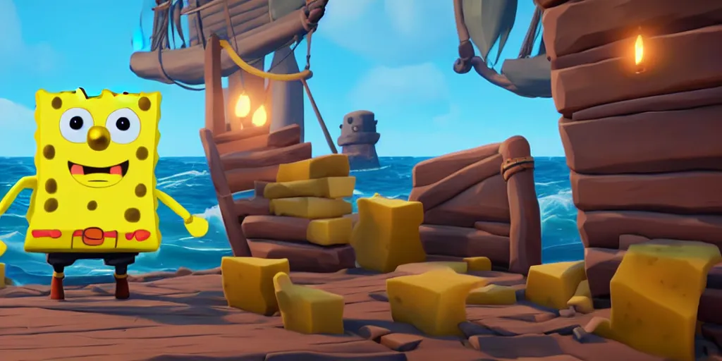 Image similar to selfie of sponge bob squarepants as a sea of thieves character, sea of thieves screenshot, storm, unreal engine, digital art