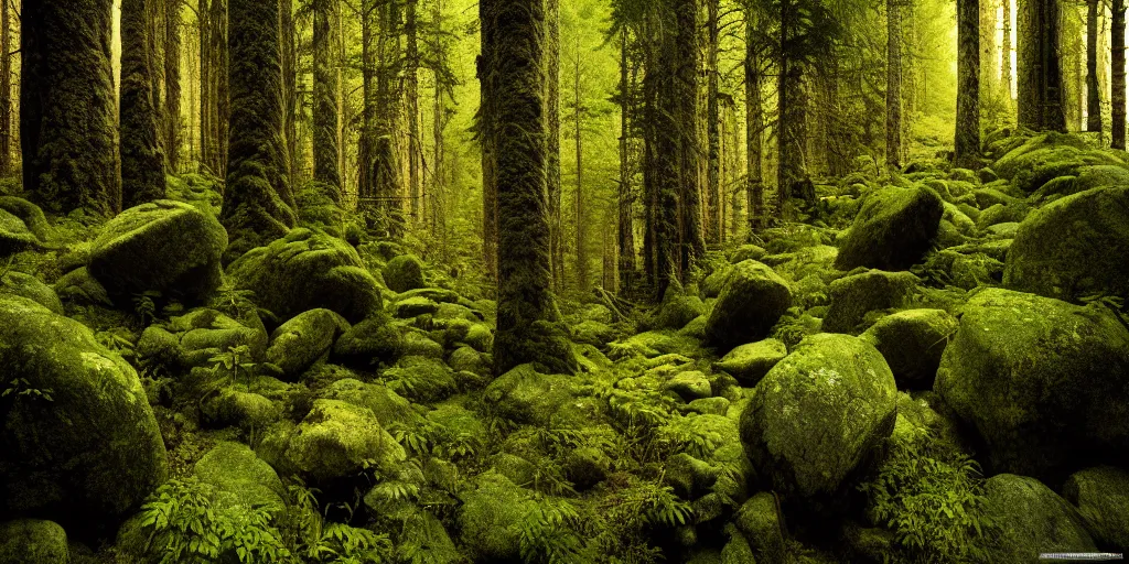 Prompt: lush rocky forest, dense vegetation, against light, bright details, contrasting, daylight, highly detailed, by dieter rams 2 0 0 0, national geographic magazine, reportage photo, natural colors