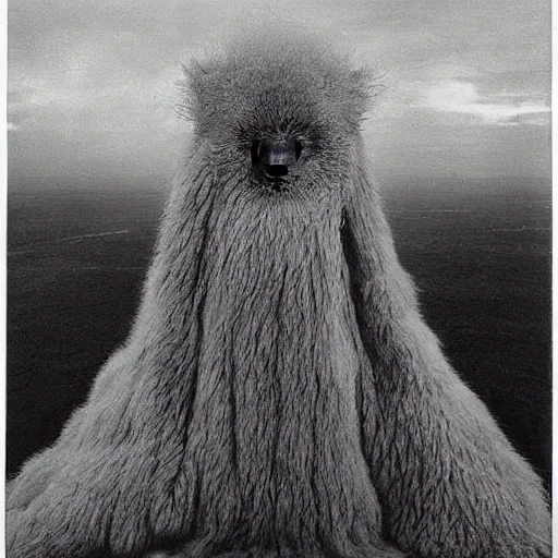 Image similar to vintage photography of A long 100 armed faceless beast-god, a huge body covered with deep furs by Zdzisław Beksiński, dark fantasy, detaling,