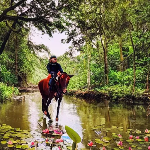 Image similar to a photo of an astronaut riding a horse in the forest. there is a river in front of them with water lilies.