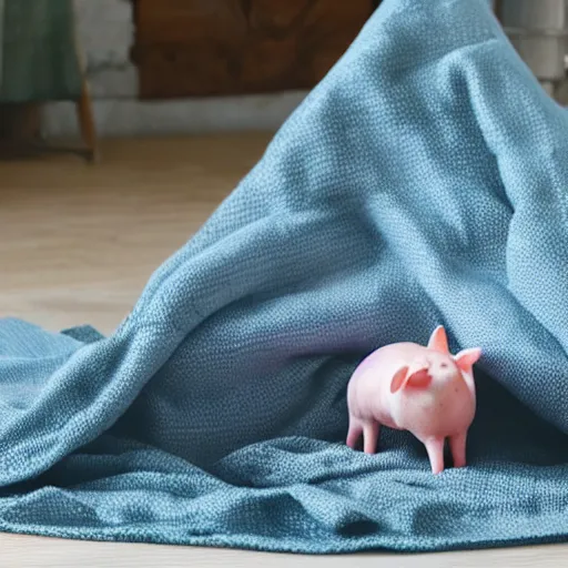 Prompt: a real pig covered in a fabric blanket