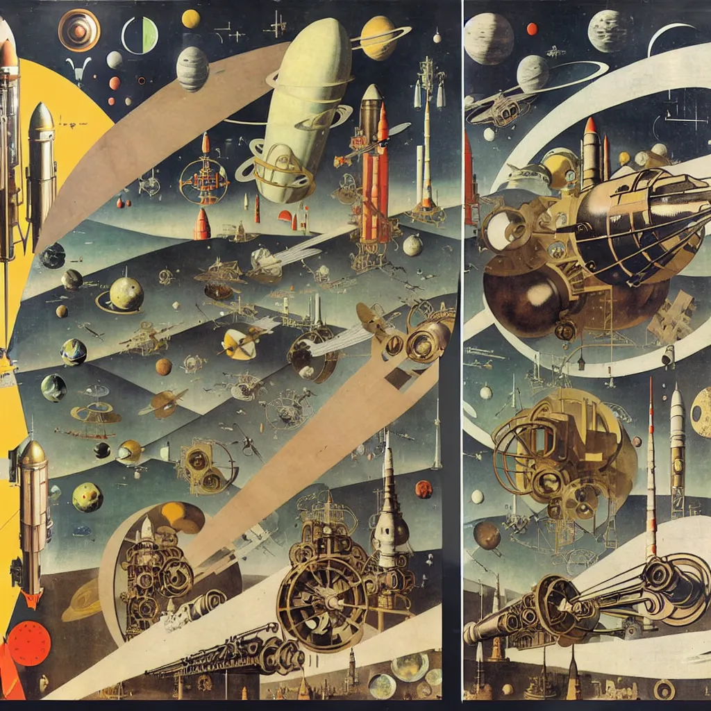 Image similar to 1950 magazine cut out collage of steam punk machinery for space exploration painted by neo rauch, alfons maria mucha, hieronymus bosch