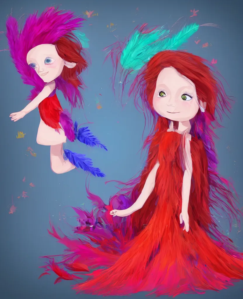 Prompt: little girl with eccentric red hair wearing a dress made of colorful feathers, concept art, smooth, cartoon art style