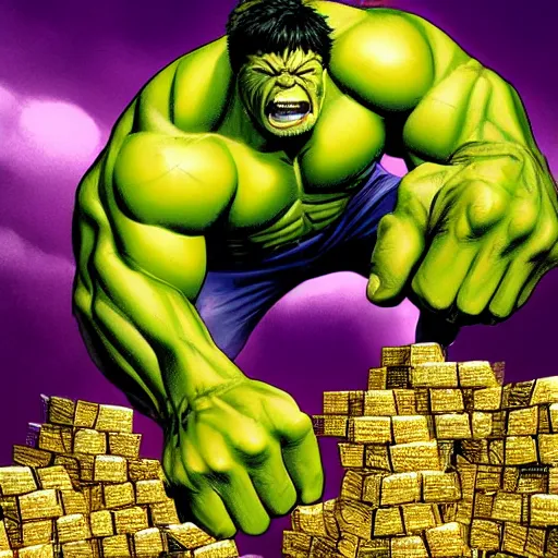 Prompt: hulk standing on top of a pile of gold bars, ultra detailed, hdr, 8 k, joe jusko