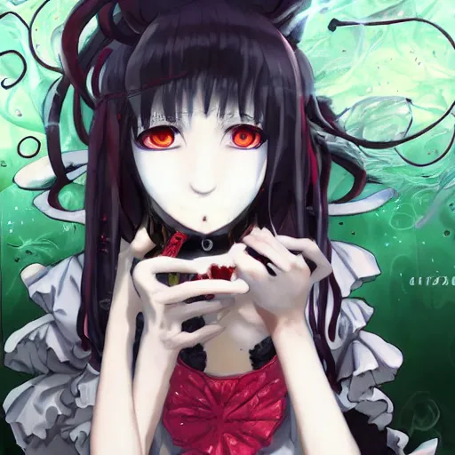 Prompt: red-eyed beautiful shoggoth anime girl smoking a cigarette deviantart by amano yoshitaka hyperreality hd danganronpa art detailed 8k by aramaki shinji, lovecraft