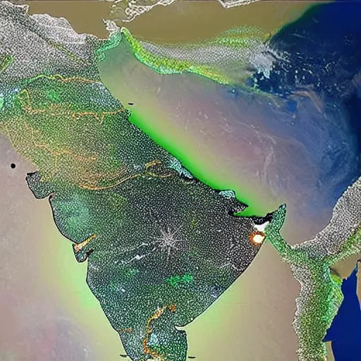 Image similar to map of india, glowing with bright white light, photographed from space