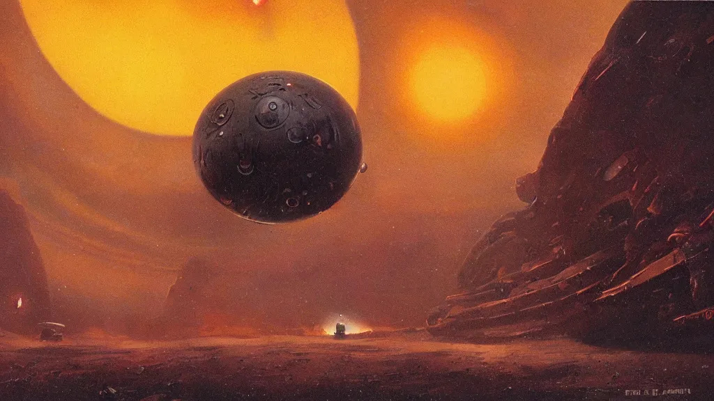 Image similar to eerie atmospheric alien planet with a small dropship pod landing by paul lehr and jack gaughan and john schoenherr, epic cinematic matte painting