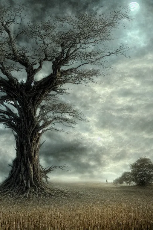 Prompt: a mighty white oak reaches the sky, a field of wheat, by luis royo, concept art, digital illustration, intricate, masterpiece, elegant, hyper detailed, ray trace, unreal engine, beautifully lit, cinematic, soft light, photorealistic, realistic, glossy