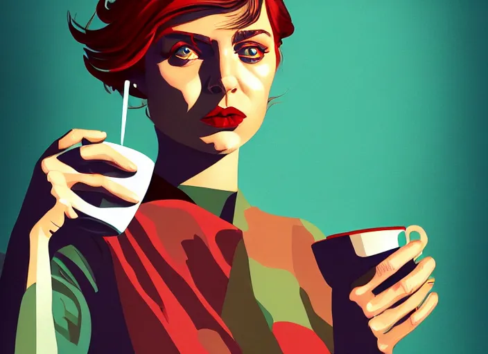 Image similar to portrait of a heroine drinking coffee,vivid, Mads Berg, Karolis Strautniekas, dramatic lighting,film grain, editorial illustration, detailed, gradation, dynamic composition,moody, cinematic,extreme perspective,bright colors, art deco illustration