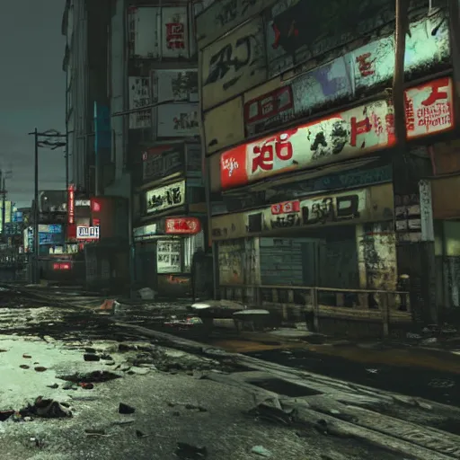 Prompt: Kabukicho, Tokyo in ruins post-nuclear war in Fallout 4, in game screenshot