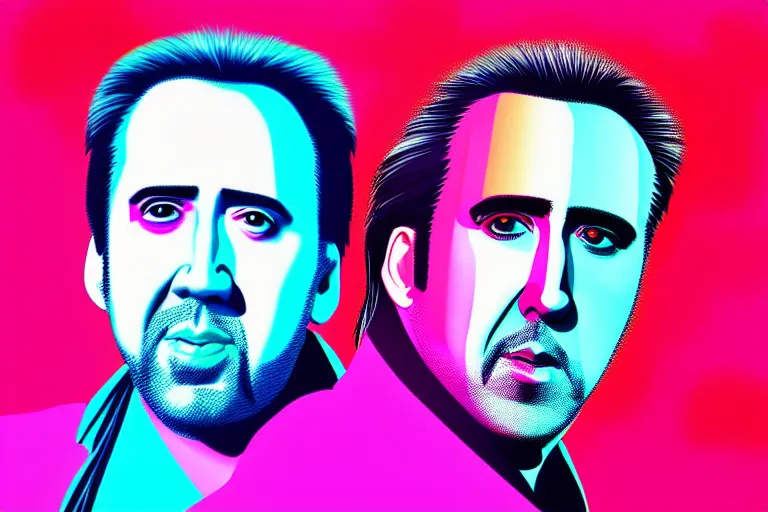 Image similar to nicolas cage in “ miami vice ” artwork, 4 k digital art, neon, 8 0's style