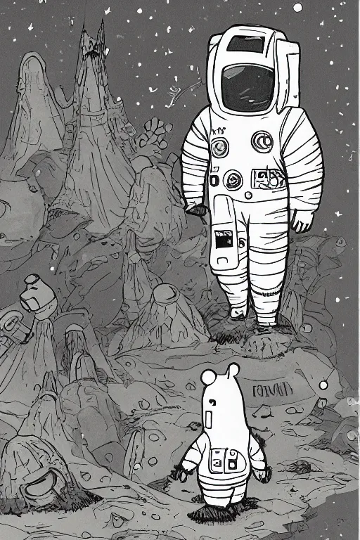 Image similar to Moomin wears a space suit to say goodbye to the forest to board the spacecraft's gangway, comic book illustration by Mike Mignola and Shaun Tan, intricately deteailed, trending on artstation
