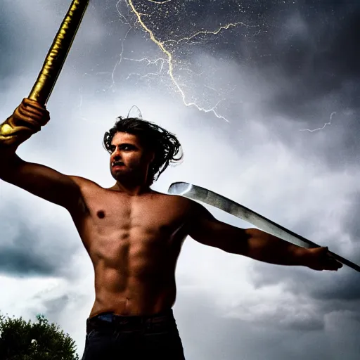 Prompt: Greek demigod wearing modern clothes wields a golden sword in the air and invokes a thunderstorm, long shot in a football field, 14mm, award-winning