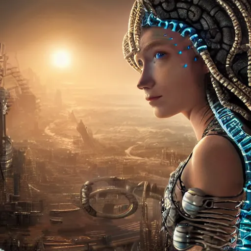 Image similar to photorealistic portrait of a cyborg gorgon medusa with borg implants and mechanical snakes coming out of her head. Dystopian city in the backgeound. very detailed, 8k