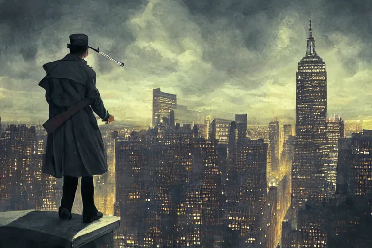 Image similar to portrait detective wearing a trench coat in profile smoking a sherlock holmes pipe on a perch facing the city at night, smooth, focus, highly detailed, hyper realistic, dramatic lighting, intricate, concept art, new york skyline, looking down, art by wlop, greg rutowski, artstation