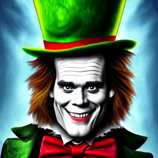 Image similar to Jim Carrey as mad hatter. epic game portrait. Highly detailed. D&D art by Michelangelo