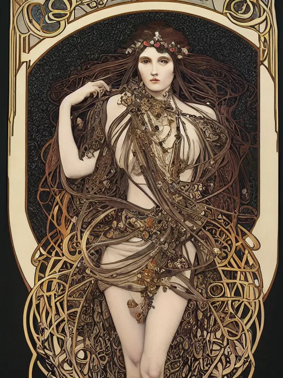 Prompt: an art nouveau mucha poster portrait oil painting of a ancient and powerful deity, surrounded by thousands of spiraling black ribbons, intricate, detailed, smooth, complex, elaborate, by borja, and chris skinner