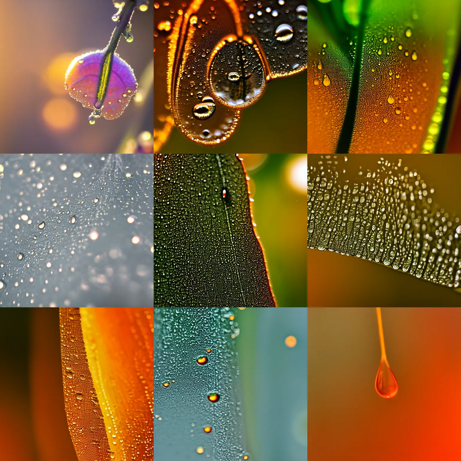 Prompt: macro shot photography of back-lit refractive dew drops hanging from a dark silhouette of a thin plant with a blurred depth of field, warm orange blurred background light