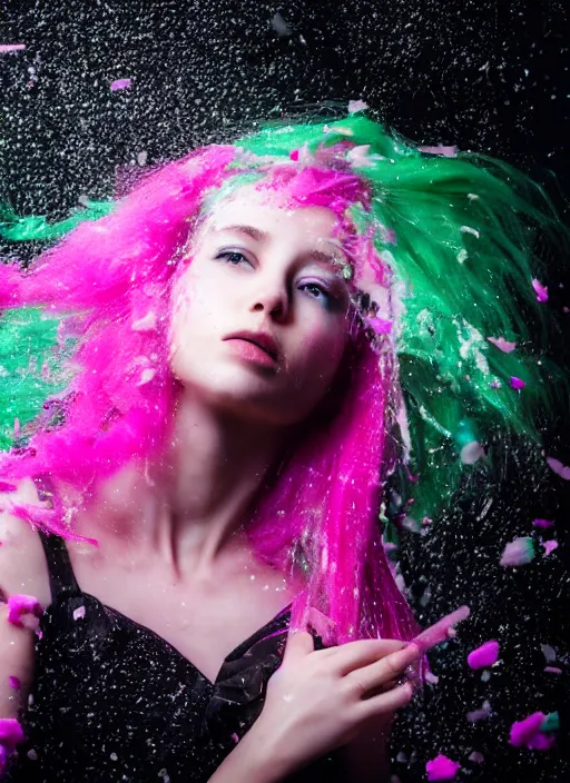Image similar to a dramatic lighting photo of a beautiful young woman with cotton candy hair. confetti splashes. moody, melanchonic. with a little bit of green and black