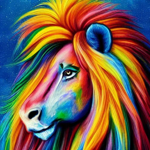 Image similar to profile view of cute fluffy horse with long colorful flowing lion mane blowing in the wind with mohawk top hairstyle hybrid animal detailed painting 4 k