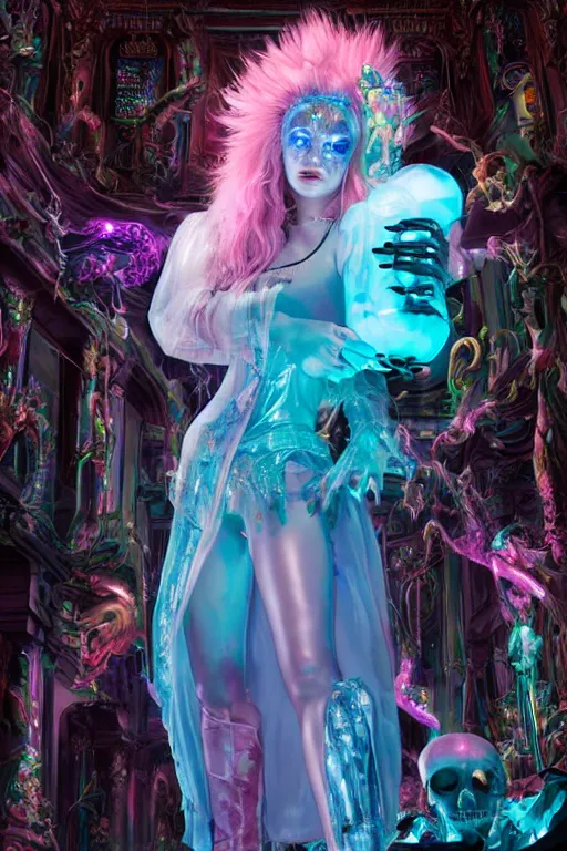 Image similar to full-body rococo and cyberpunk delicate neon crystalline sculpture of ((young muscular golden albino prince Joe Jonas)) as an blue iridescent humanoid deity wearing ((peach plastic hooded cloak)) (holding a human skull) in a black castle dungeon, reclining, glowing pink face, crown of (pink lasers), large blue diamonds, swirling black silk fabric. futuristic elements. oozing glowing liquid, full-length view. space robots. intricate artwork by caravaggio. Trending on artstation, octane render, cinematic lighting from the right, hyper realism, octane render, 8k, depth of field, 3D