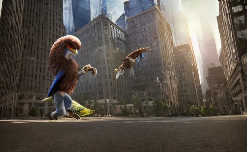 Image similar to giant falco lombardi terrorizing city, highly detailed, extremely high quality, hd, 4 k, 8 k, professional photographer, 4 0 mp, lifelike, top - rated, award winning, cinematic, realistic, detailed lighting, detailed shadows, sharp, no blur, edited, corrected, trending