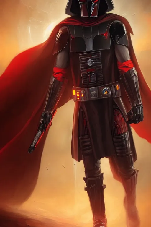 Prompt: characters portrait of Darth Revan mixed with Batman by ArtGerm and Tom Bagshaw, merged character, Full body shot, cinematic opening shot, 4k, highly detailed, cinematic lighting