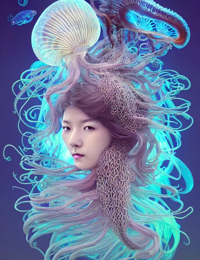 Image similar to 3 d goddess jellyfish half - turn portrait with long hair with ram skull. beautiful intricately detailed japanese crow kitsune mask and clasical japanese kimono. betta fish, jellyfish phoenix, bio luminescent, plasma, ice, water, wind, creature, artwork by tooth wu and wlop and beeple and greg rutkowski