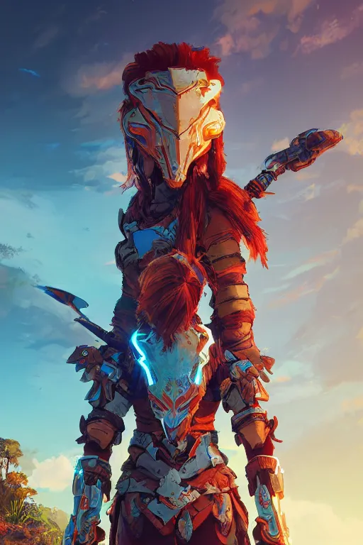 Image similar to combination suit armor aloy horizon forbidden west horizon zero dawn radiating a glowing aura global illumination ray tracing hdr fanart arstation by ian pesty and alena aenami artworks in 4 k tribal robot ninja mask helmet backpack