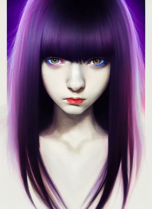 Image similar to hair whitebangs hair, black hair, whitebangsblackhair, portrait of teenage girl with white bangs, red irises, purple clothes, white bangs, bangs are different color from hair, intricate, elegant, glowing lights, highly detailed, digital painting, artstation, concept art, sharp focus, illustration, art by wlop, mars ravelo and greg rutkowski