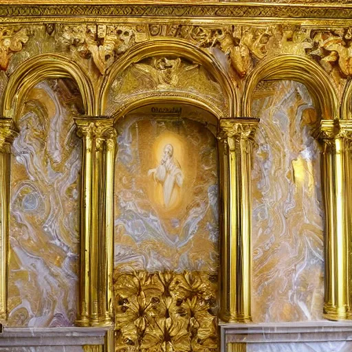 Prompt: ornate marble and gold wall, full of paintings of angels, highly detailed