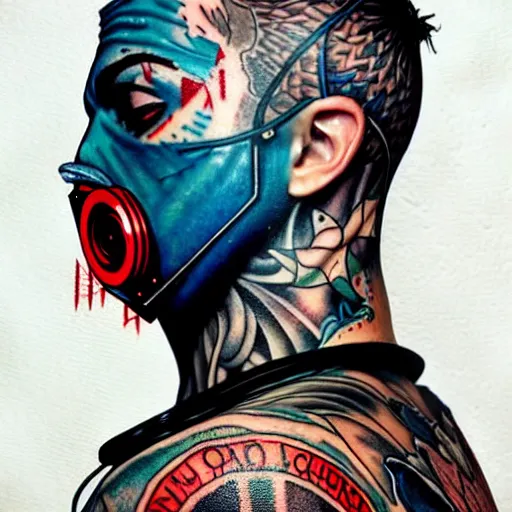 Image similar to a portrait of a man with side profile blood in ocean intricate details :: tattoo on neck :: wearing a hazmat suit by MARVEL comics and Sandra Chevrier