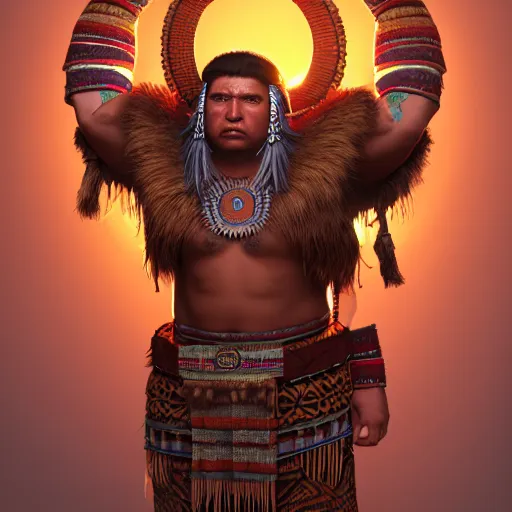 Prompt: full body concept art of a big aztec tribesman, fantasy character portrait, ultra realistic, concept art, intricate detailed, volumetric light, cinematic lighting, 8 k uhd artwork, featured on artstation