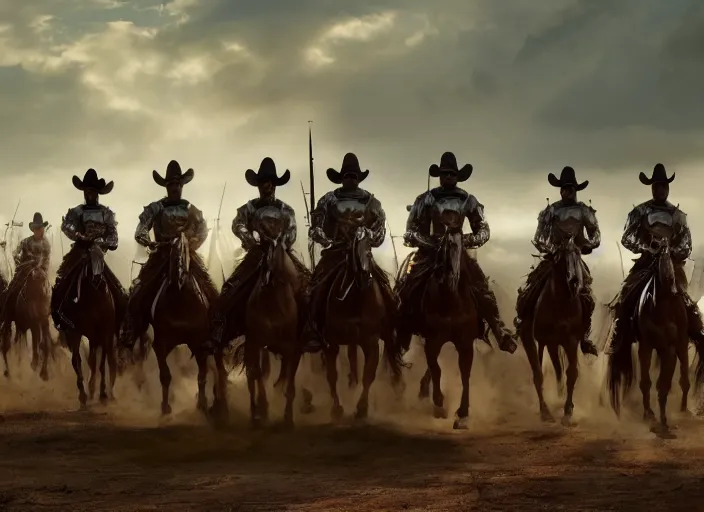 Image similar to cinematic wide shot of hundreds of cowboy outriders on horseback wearing suits of armor and cowboy hats riding into battle against the enemy, by Greg Rutkowski, 4k, masterpiece