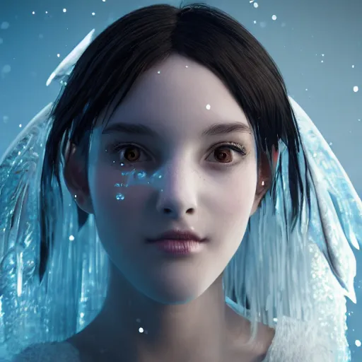 Image similar to portrait of a ice sprite, ice, dark, white glowing background lighting, hyper detailed, fairy tale, 4 k octane render