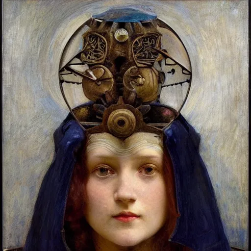 Prompt: a beautiful young clockwork girl wearing a bird mask, by annie swynnerton and diego rivera and elihu vedder, dramatic lighting, elaborate geometric ornament, head and shoulders view, soft cool colors, smooth, sharp focus, extremely detailed, adolf wolfli, donato giancola