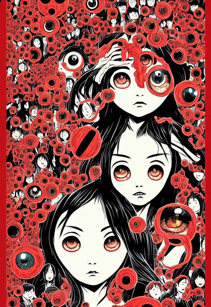 Prompt: a comic book style japanese horror poster of girl with large eyes by dan mumford, yusuke murata and junji ito, blood lines, yokai, shinigami, eyes,shurikens, kanji, 8k, unreal engine, trending on artstation, pixiv, intricate details, volumetric lighting