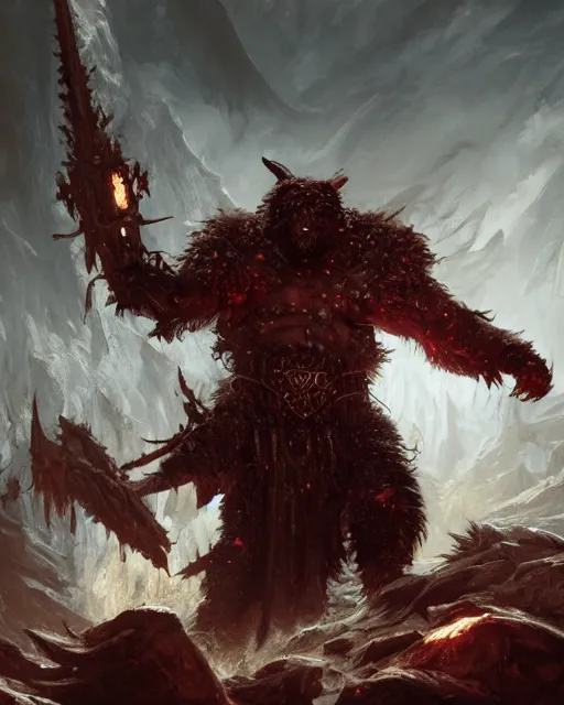 Image similar to Bear Berserker, Khorne, magic the gathering artwork, D&D, fantasy, cinematic lighting, centered, symmetrical, highly detailed, digital painting, artstation, concept art, smooth, sharp focus, illustration, volumetric lighting, epic Composition, 8k, art by Akihiko Yoshida and Greg Rutkowski and Craig Mullins, oil painting, cgsociety