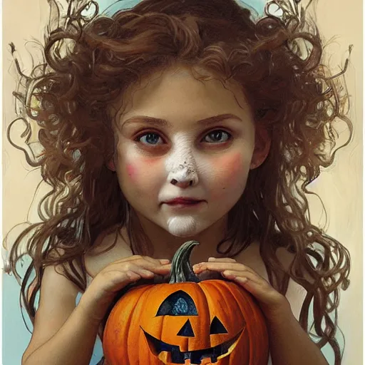 Image similar to a cute happy little girl with light brown wavy curly hair and blue eyes sitting amidst piles of halloween decor skulls and pumpkins. beautiful cute highly detailed face. spooky halloween themed painting by artgerm and greg rutkowski and alphonse mucha.