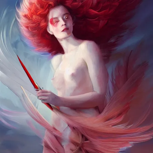 Image similar to a painting of a woman who made of curly white and transparent feathers cloud with red edges is holding a sword, a digital painting by charlie bowater, trending on artstation, metaphysical painting, speedpainting, made of feathers, digital painting, holographic undertones, highly saturated colors, 4 k, digital art, concept art, trending on artstation