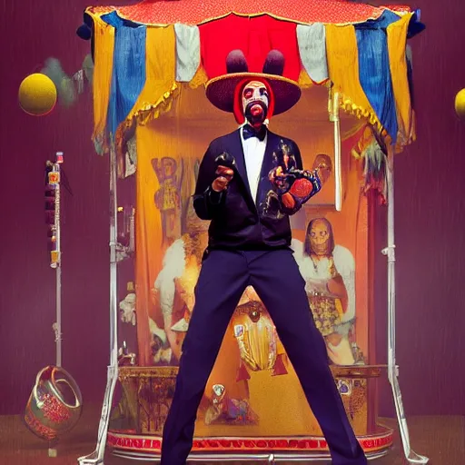 Image similar to snoop dogg as a circus clown juggling microphones, cinematic, volumetric lighting, f 8 aperture, cinematic eastman 5 3 8 4 film, photorealistic by greg rutkowski, by stanley artgerm, by alphonse mucha