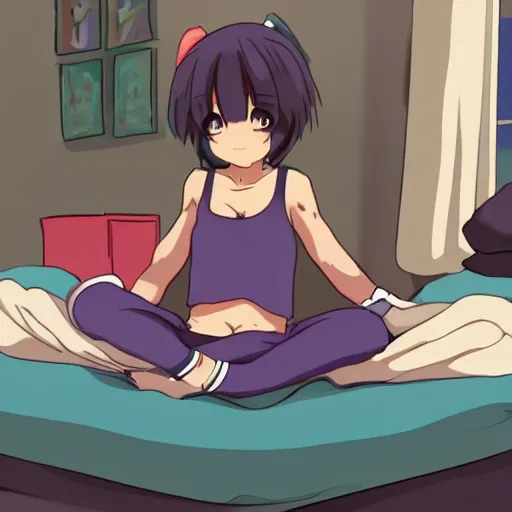 Prompt: adorable anime girl sitting up in bed waking up and stretching adorable cute