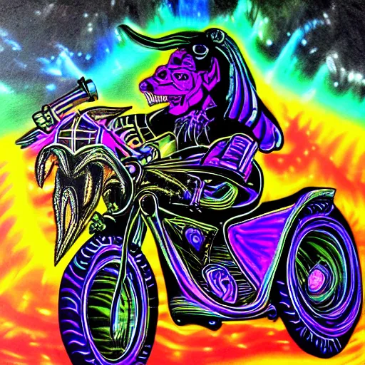 Prompt: psychedelic blacklight airbrush artwork of a stylized orc on a motorcycle, black background