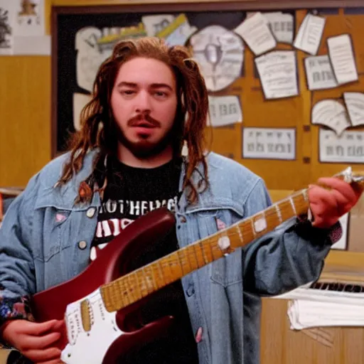 Prompt: a film still of Post Malone in a classroom starring as Dewey Finn in School Of Rock (2003)